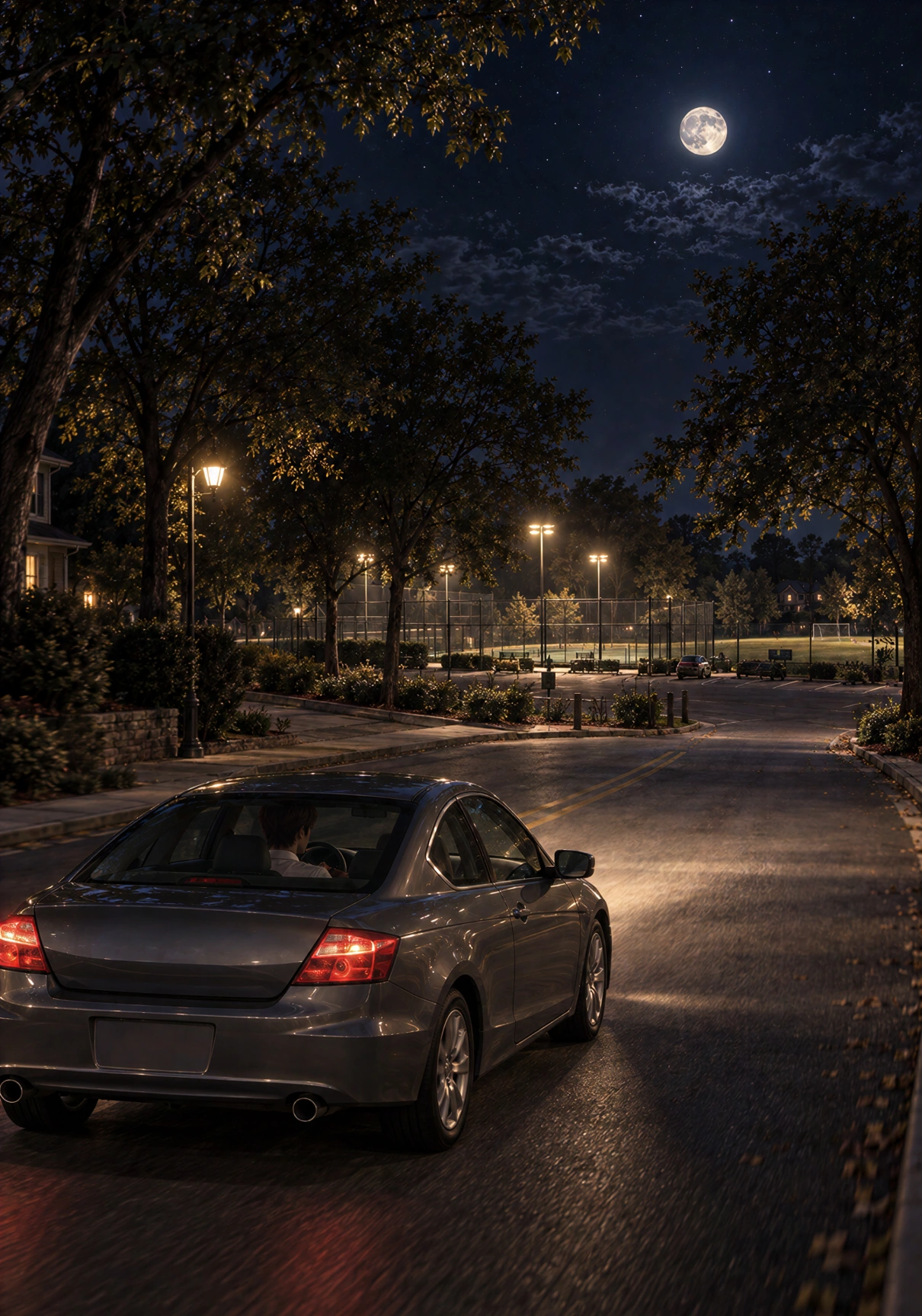 Page 32: the Young Man in a gray car arriving along a quiet, moonlit road near tennis courts.