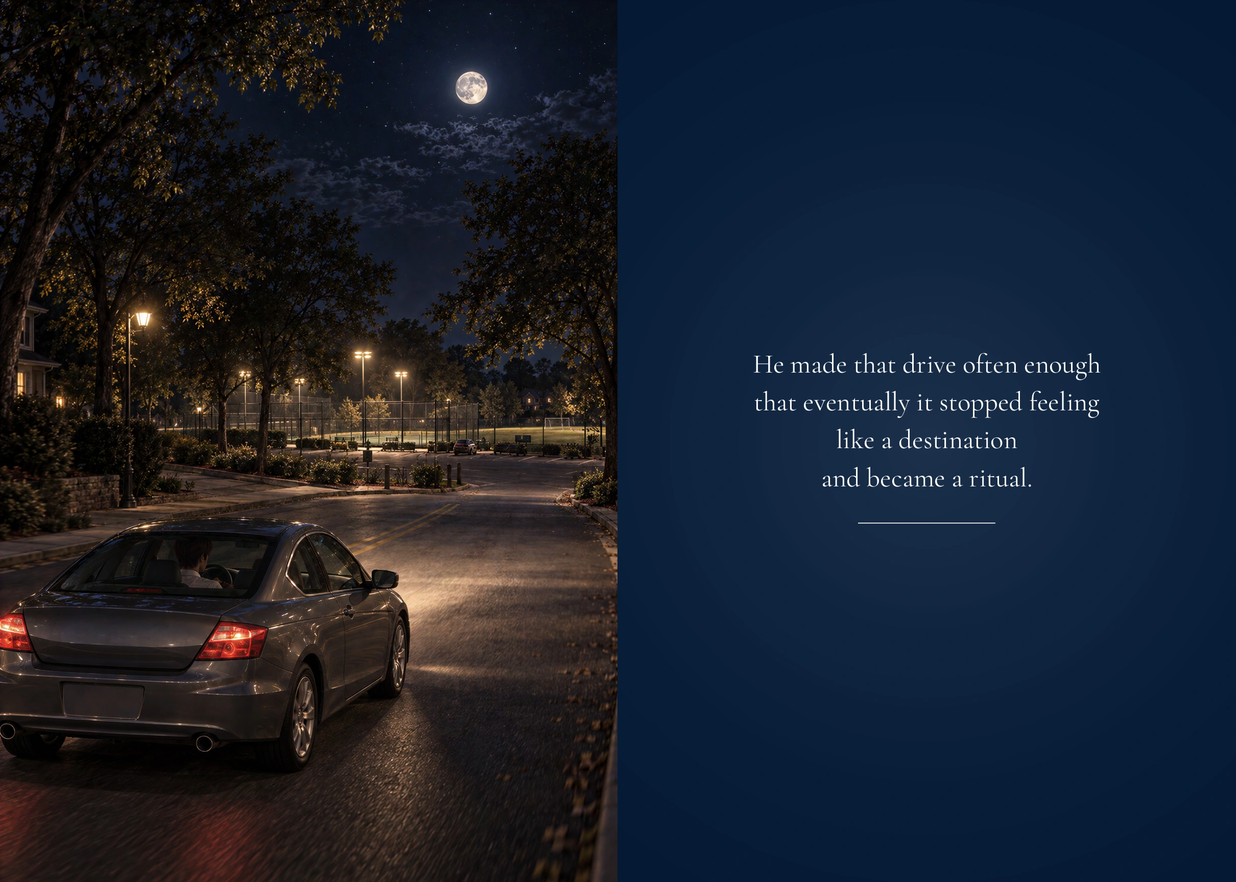Authentic facing pages 32 and 33: the Young Man arrives in his gray car near moonlit tennis courts; the original passage beside it describes the drive becoming a ritual.