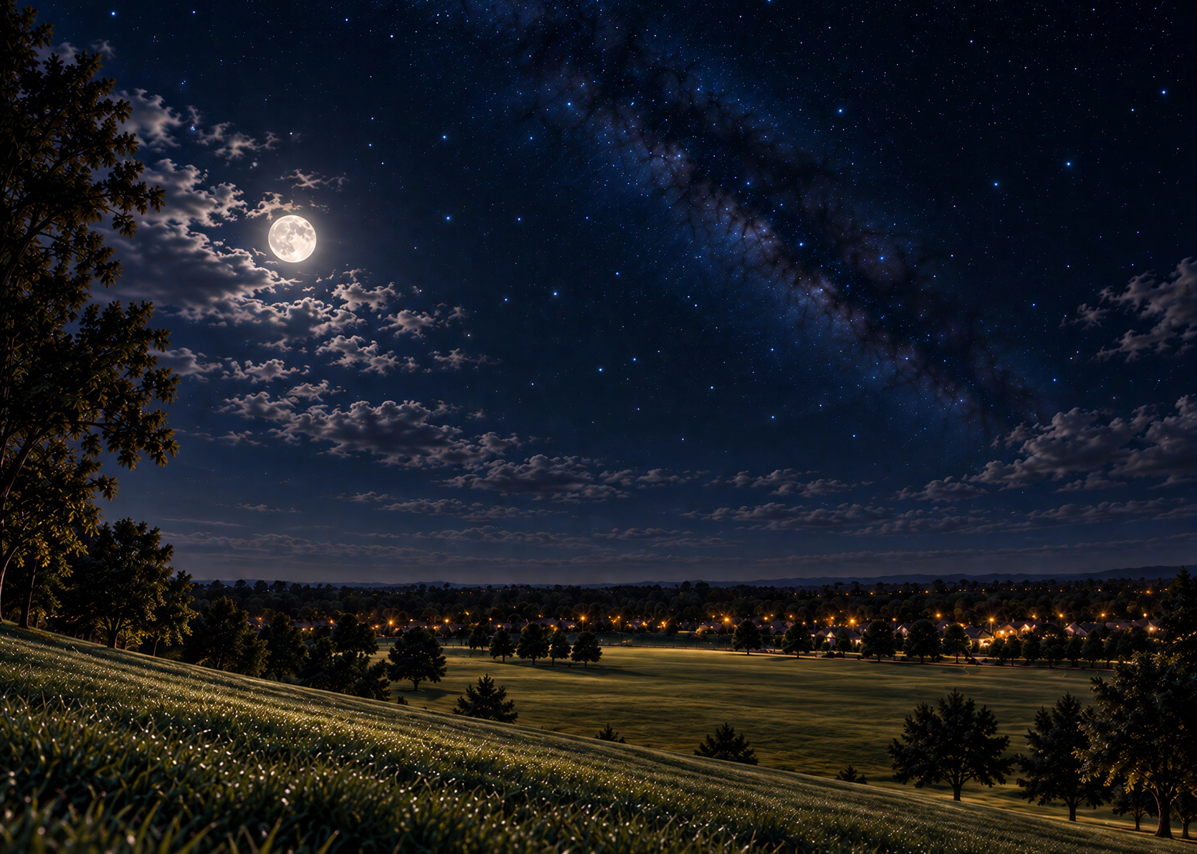 The approved silent two-page panoramic spread, pages 42 and 43: a brilliant full moon, the Milky Way, clouds, an open sloping field, and distant warm town lights beneath the night sky.
