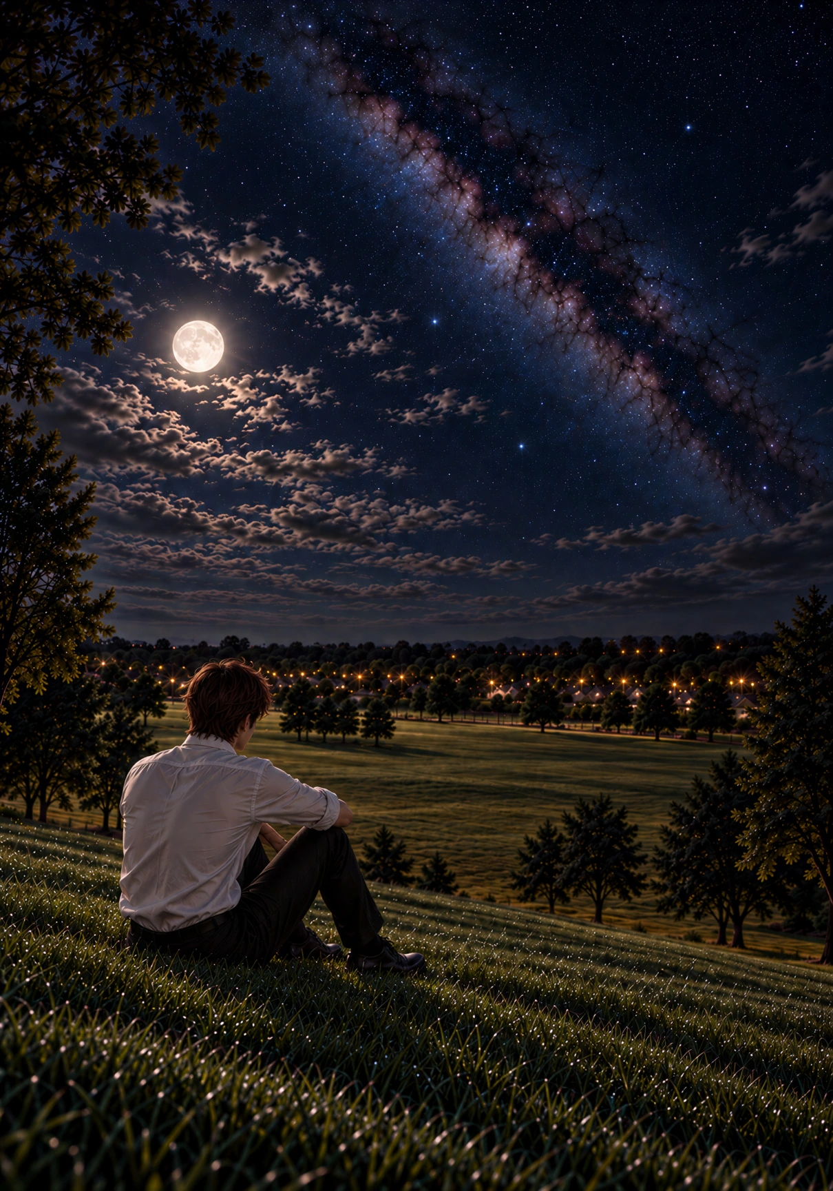 Page 52: the Young Man seated in grass above a town, under a moonlit Milky Way sky.