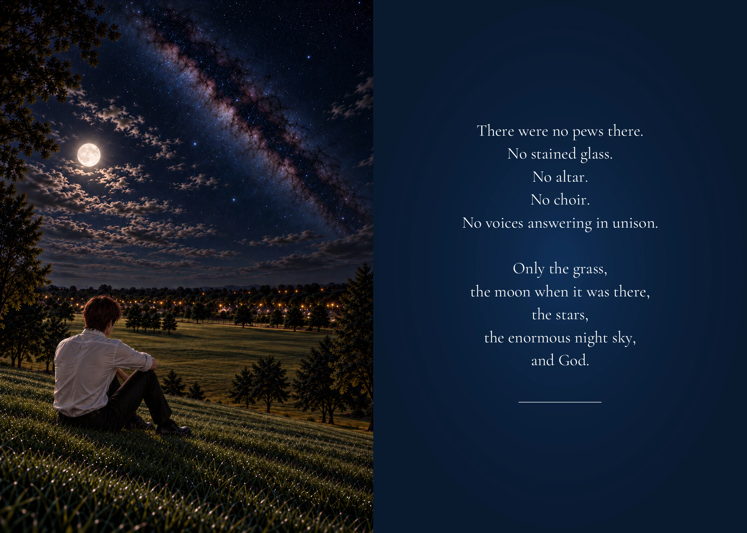 Authentic facing pages 52 and 53: the Young Man seated on the field's gentle slope beneath the moon and stars; the facing original text describes the field as a place without pews or altar.
