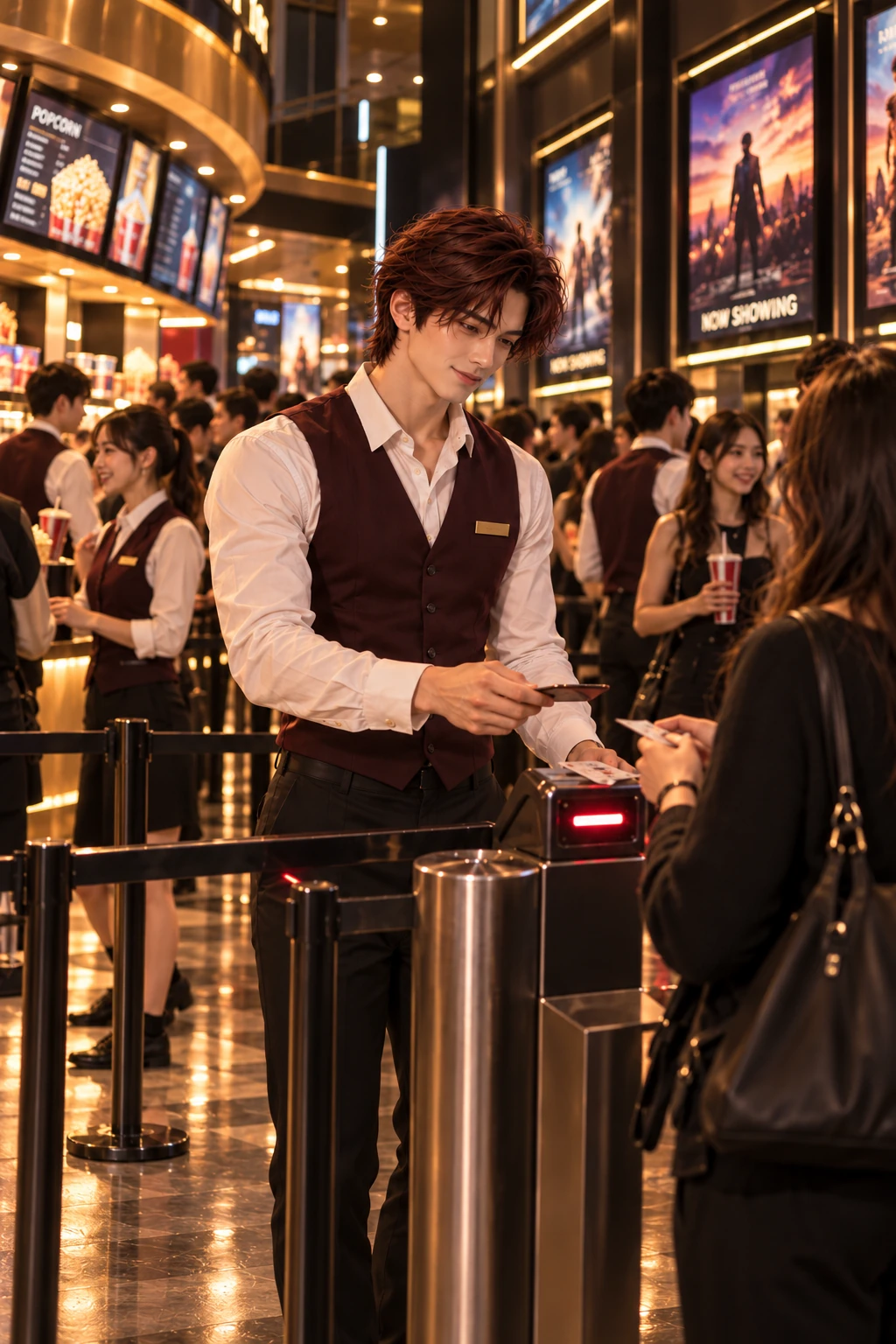 The Young Man in a white shirt and maroon theater vest cheerfully checks tickets as a crowded cinema lobby bustles around him.