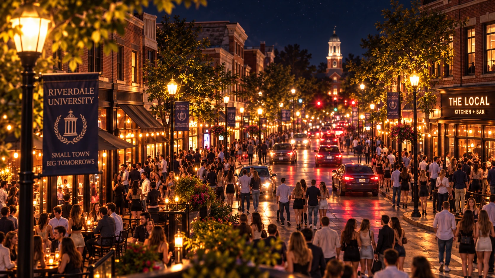 A lively small college-town downtown at night, packed with students beneath amber streetlights and glowing storefronts.