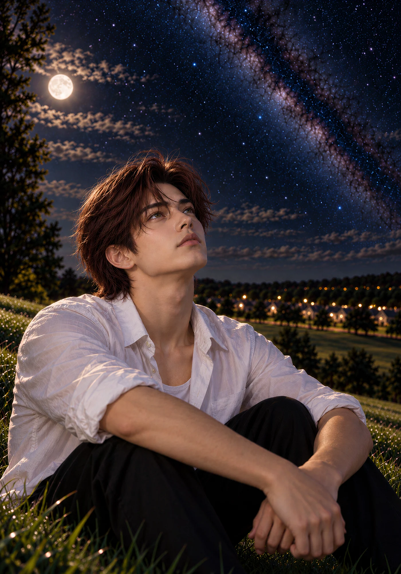 The Young Man looks upward toward a star-filled sky above the moonlit field